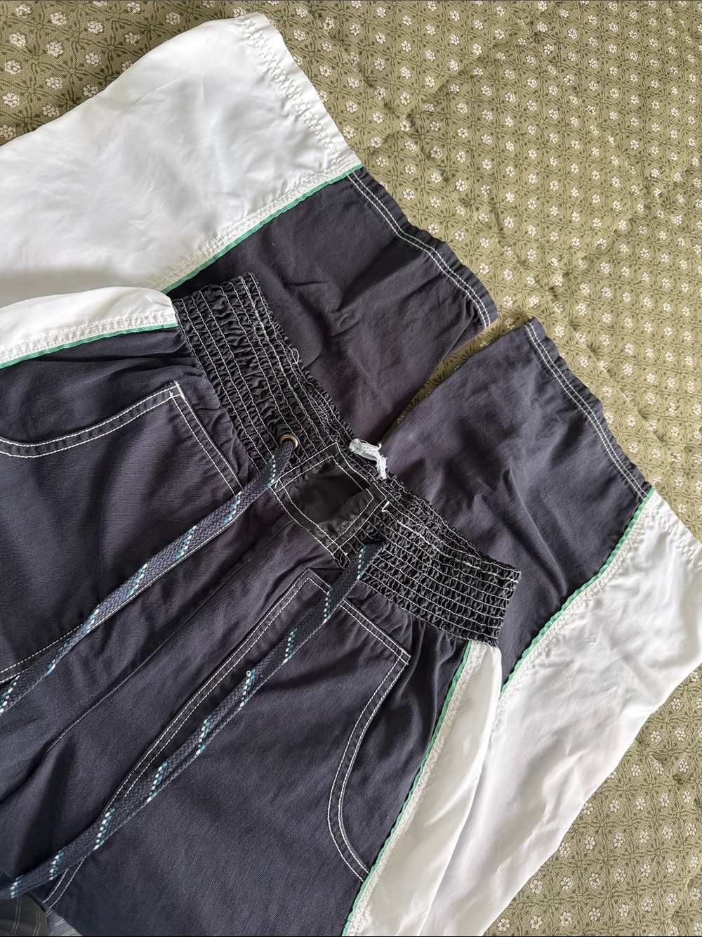 Pilcro Black, White and Green Wide-Leg Drawstring Track-Style Denim Pants - Picture 5 of 5